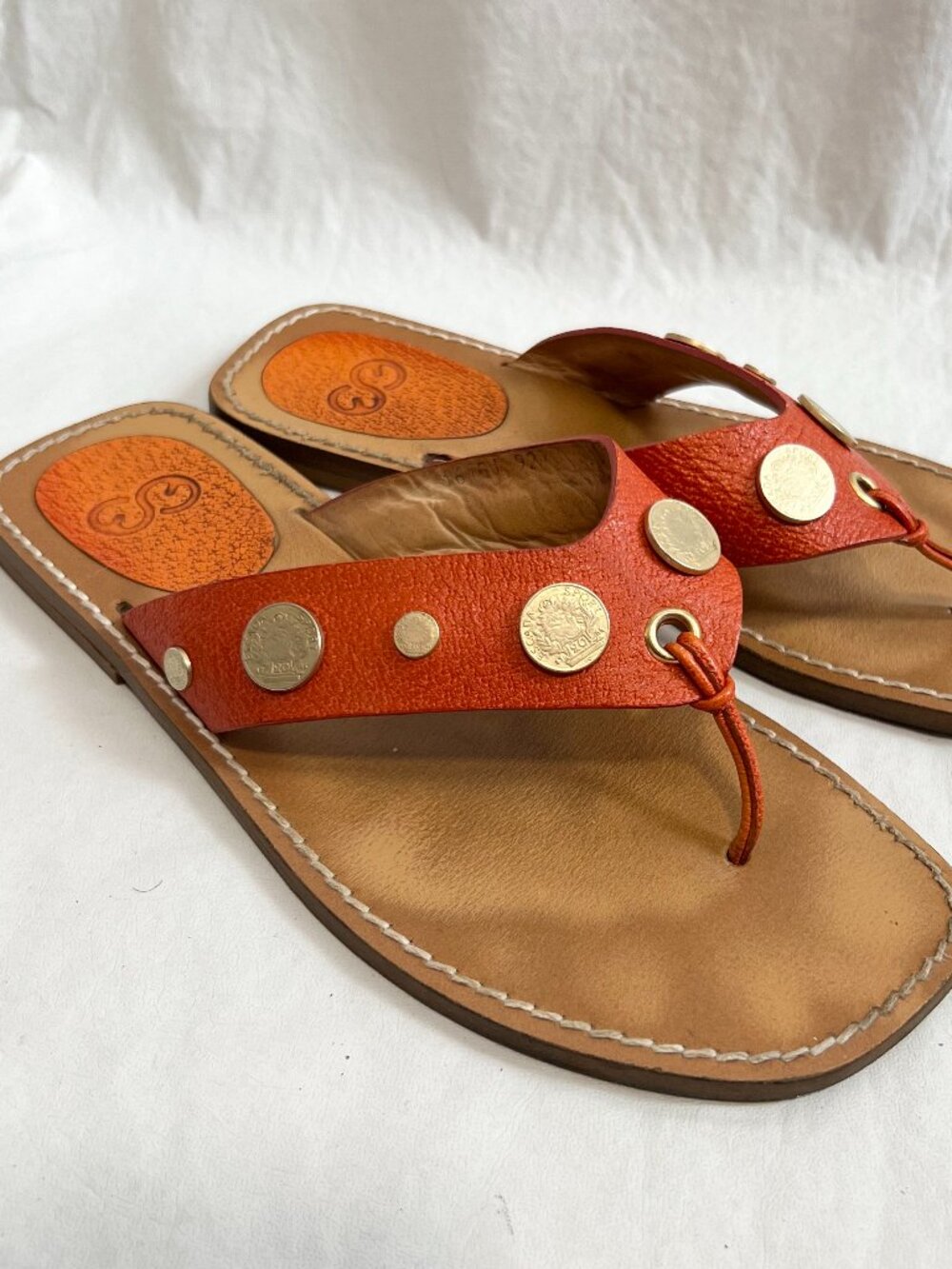Escada sandals orange leather brown gold coin 38.5 8.5 flat flip flop thong